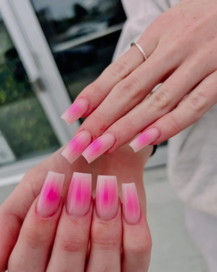 Pink square nails with softly blended aura colour by Muskoka Nails & Spa