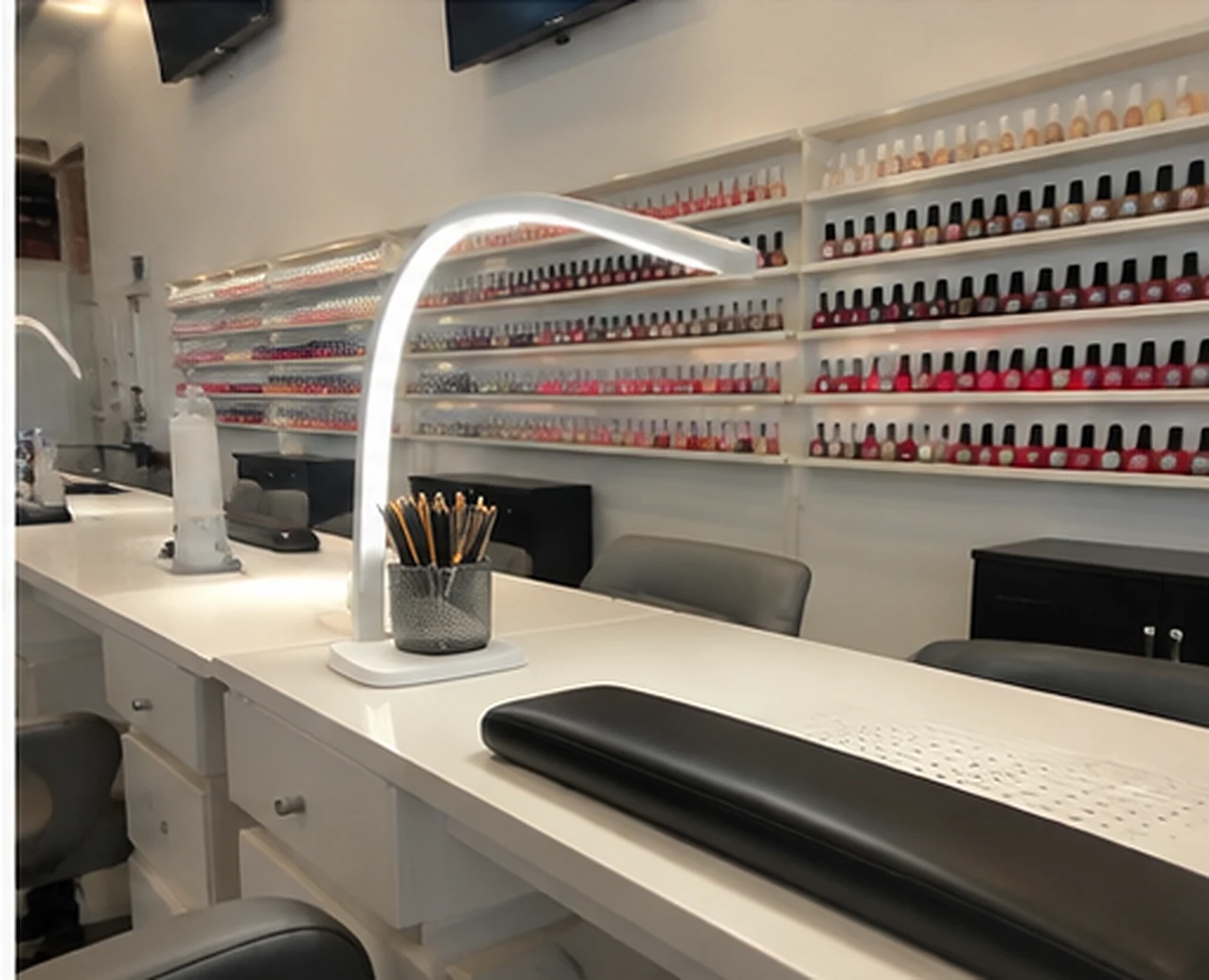 A close view of the manicure station, task lighting and polish collection