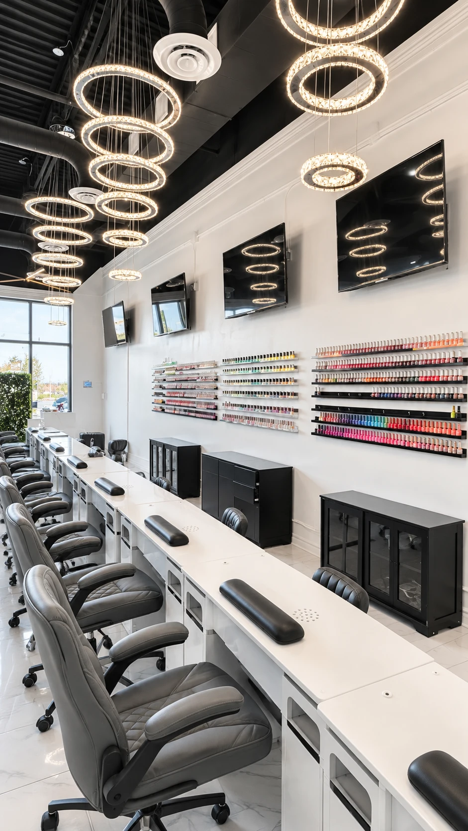 A view along the manicure stations towards the front windows of Muskoka Nails and Spa
