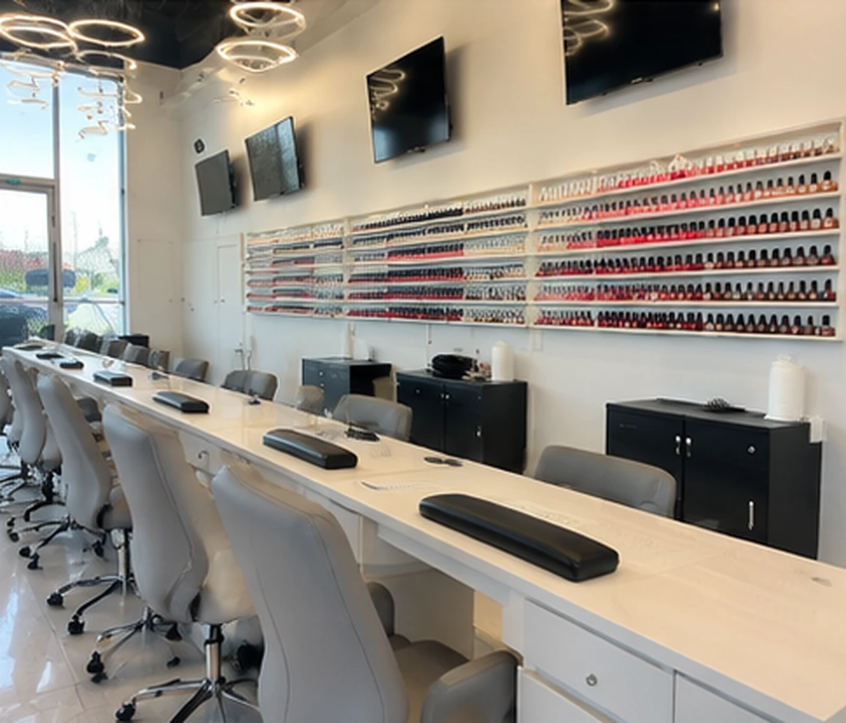 The manicure counter and wall of polish colours at Muskoka Nails and Spa