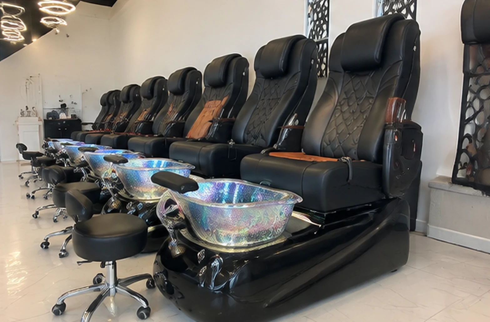 Full row of black leather pedicure chairs and foot baths at Muskoka Nails and Spa